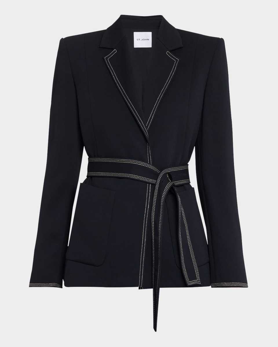 Light Weight Stretch Sable Wrap Jacket W Contrast Topstitch Detail Belt Lined